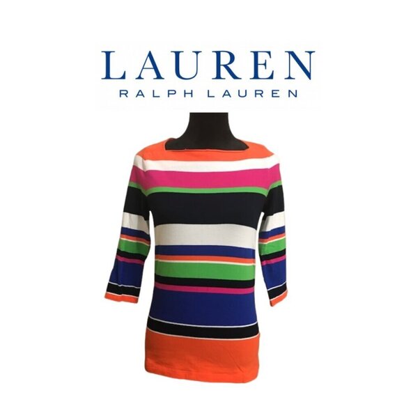 LAUREN Ralph Lauren Women's Striped Multi Color Top 3/4 Sleeves Size Medium - Picture 1 of 7